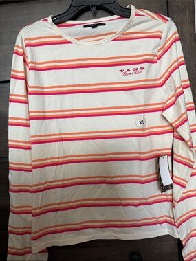 Vans women’s White Crewneck Long Sleeve Tee with Pink & Orange Stripes
